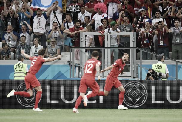 Harry Kane celebra su primer gol en un Mundial. Foto: FIFA.com.