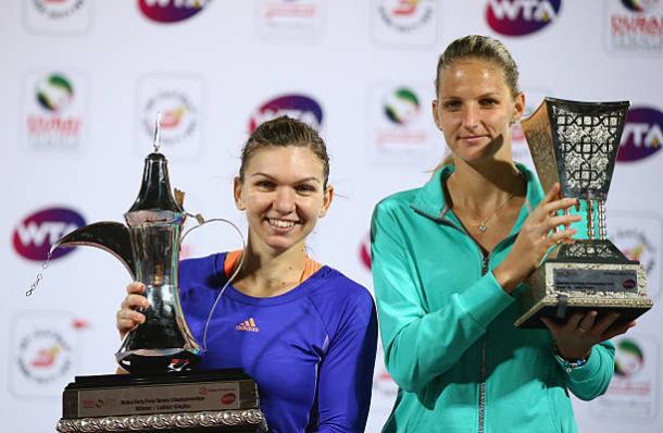 Simona Halep and Karolina Pliskova after the Romanian won the Dubai final between the two back in 2015 (Getty/Francois Nel)