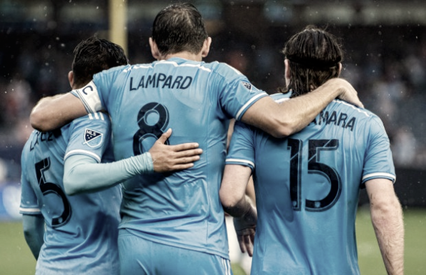 Mikey Lopez with former teammates Frank Lampard and Thomas McNamara. | Photo: Matt Kremkau- Empire of Soccer