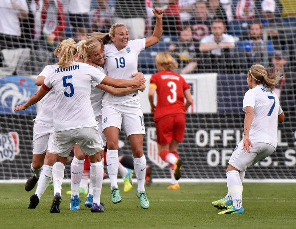 Toni Duggan celebrates scoring England's only goal at the SheBelieves Cup (Photo credit: Frederick Breedon/Getty)