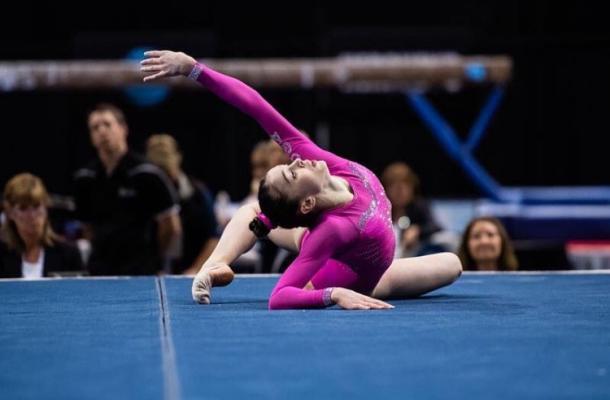 Irina Alexeeva performs on the floor exercise at the 2016 Secret US Classic in Hartford/USA Gymnastics