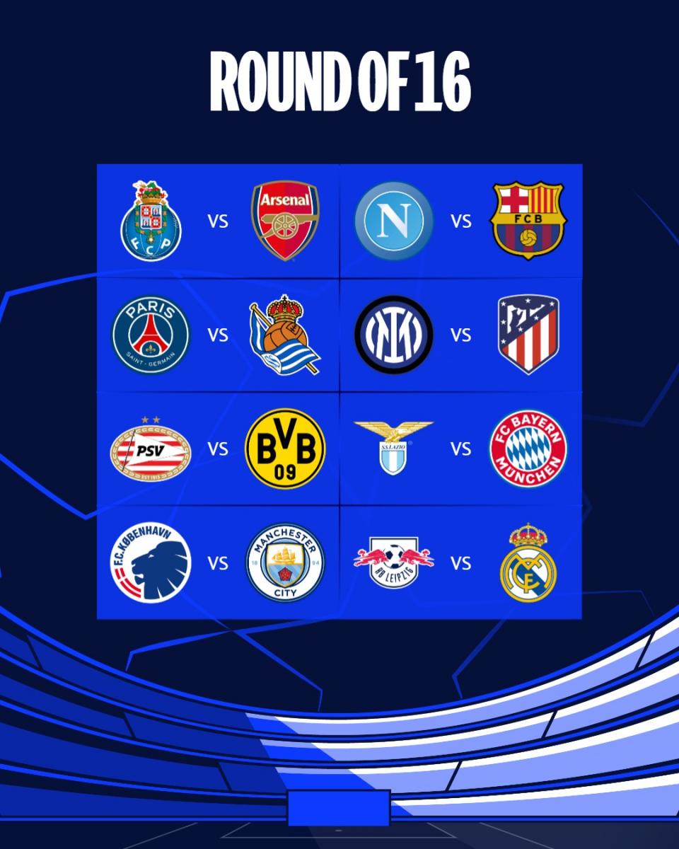Champions League 2024 draw results round of 16 matches 12/21/2023