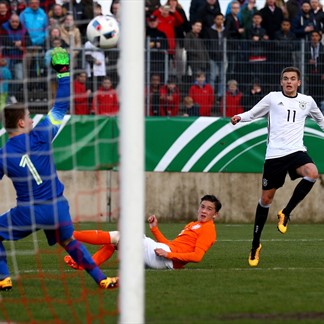 Germany's Jano Baxmann scores - Netherlands in Elite Round Qualifying | Photo: Getty Images via UEFA.com