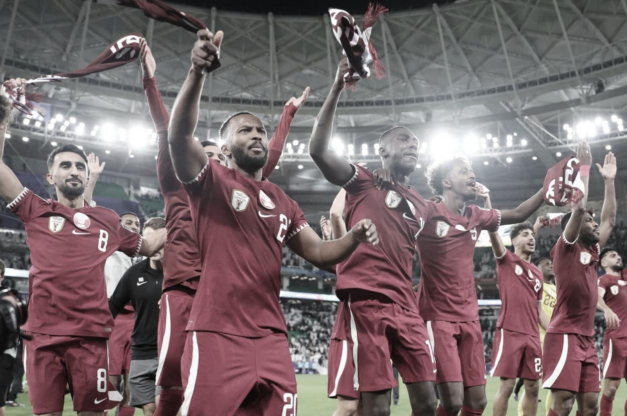Seleção do Catar celebrando vaga na final | Qatar Football Association/Divulgação