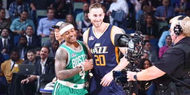 After competing against each other in the Skills Challenge, Gordon Hayward and Isaiah Thomas can  very well be teammates soon. Photo: Nathaniel S. Butler