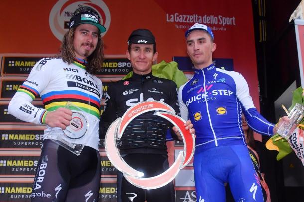 El podium del año pasado con Sagan Kwiatowski y Alaphilippe. Foto: Milano Sanremo