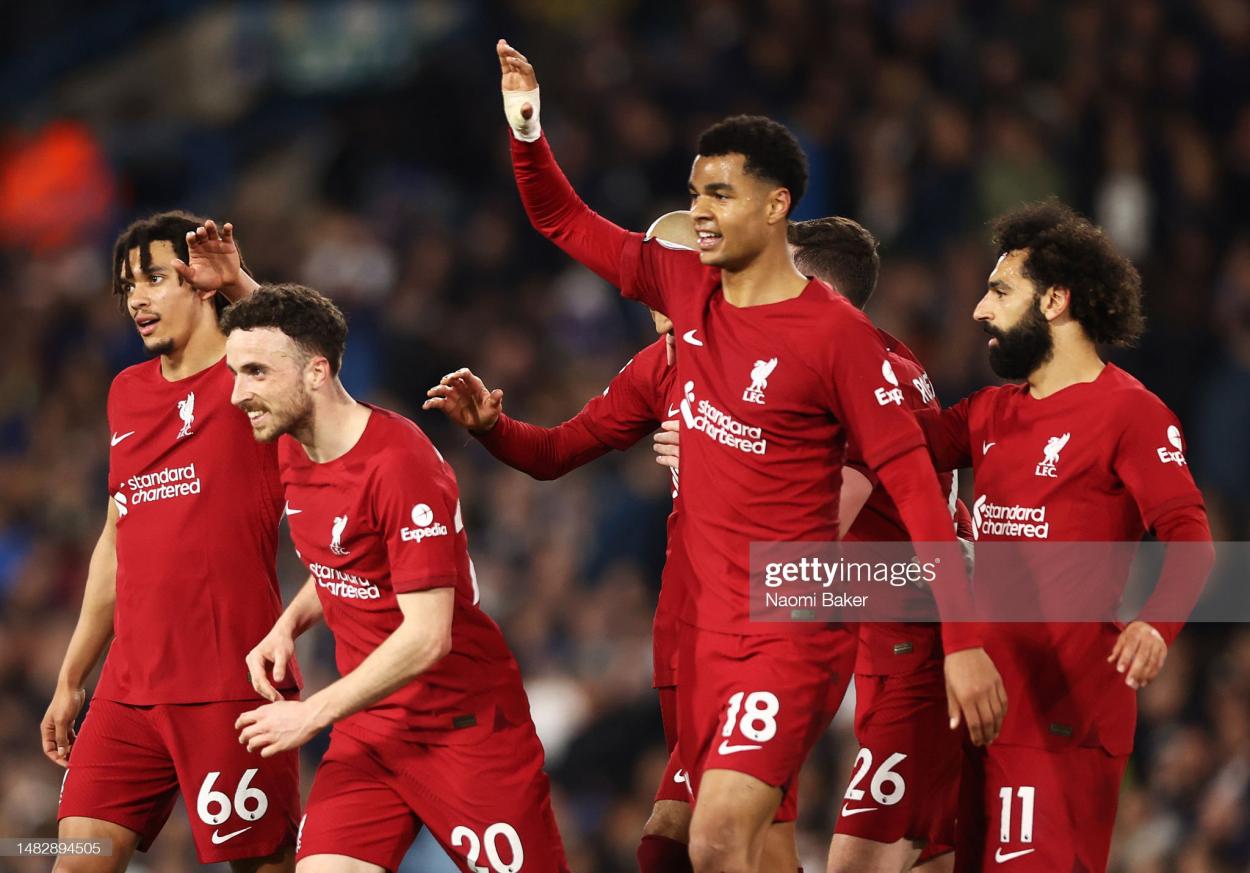 Liverpool players celebrating after their fifth goal - (Photo by Naomi Baker/Getty Images)