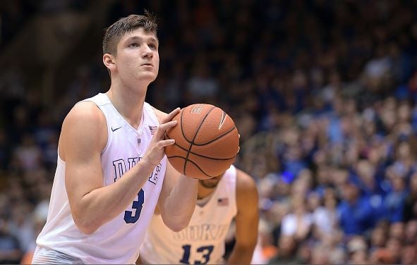Grayson Allen #3 of the Duke Blue Devils concentrates at the free-throw line against the Virginia Cavaliers at Cameron Indoor Stadium on February 13, 2016 in Durham, North Carolina. Duke defeated Virginia 63-62 / Lance King - Getty Images
