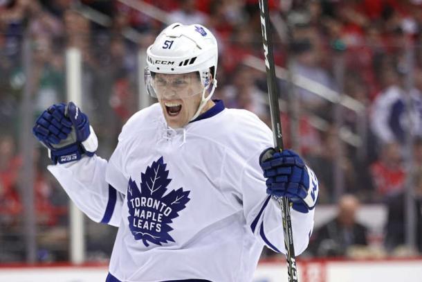 Jake Gardiner celebrates his first period goal. Photo: Patrick Smith/Getty Images