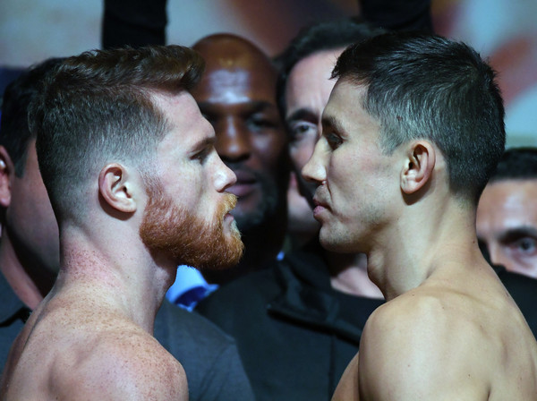 Canelo Alvarez (L) and WBC, WBA and IBF middleweight champion Gennady Golovkin face off. |Source: Ethan Miller/Getty Images North America|