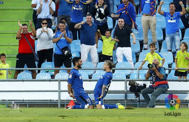Jorge Molina y Álvaro Jiménez celebran el gol conseguido frente al Oviedo | LaLiga