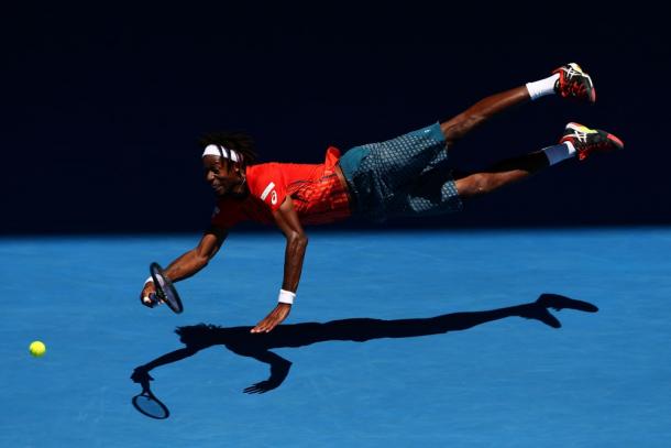 Monfils goes airborn during his fourth round match in Melbourne (Photo: Getty Images)