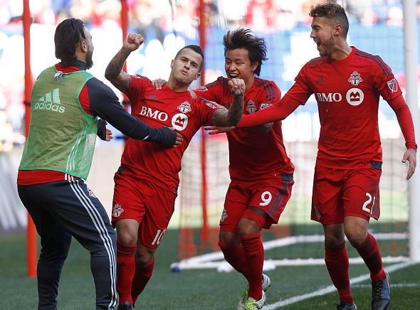 Sebastian Giovinco #10 of Toronto FC celebrates his goal against the New York Red Bulls during their match at Red Bull Arena on March 6, 2016 in Harrison, New Jersey. (Photo by Jeff Zelevansky/Getty Images