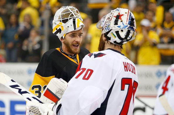 Matt Murray #30 of the Pittsburgh Penguins and Braden Holtby #70 of the Washington Capitals shake hands after the Pittsburgh Penguins defeated the Washington Capitals 4-3 in Game Six of the Eastern Conference Second Round during the 2016 NHL Stanley Cup Playoffs at Consol Energy Center on May 10, 2016 in Pittsburgh, Pennsylvania. (Photo by Justin K. Aller/Getty Images