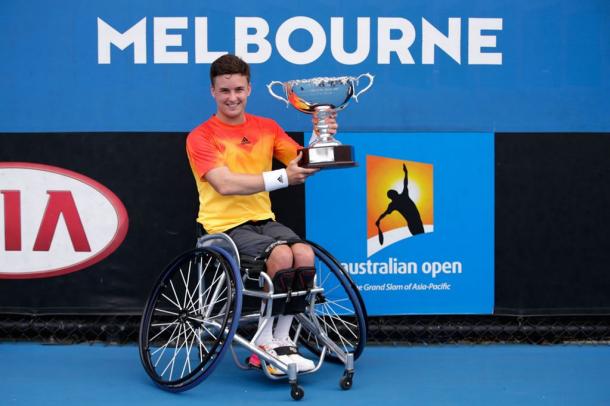 Britain's Gordon Reid celebrates winning the Gentlemen's Wheelchair Singles title at this year's Australian Open. Photo: Getty