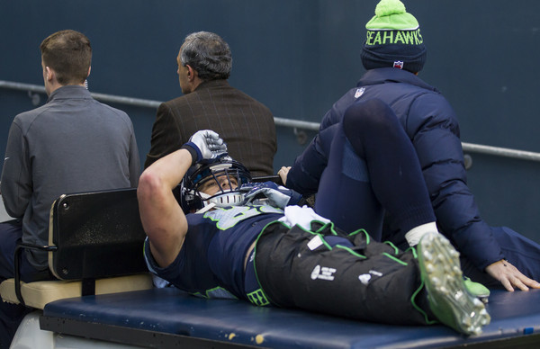 Jimmy Graham being carted off after his injury against the Pittsburgh Steelers | Stephen Brashear - Getty Images North America