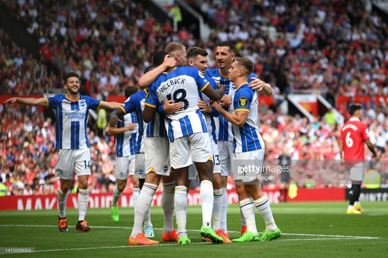 MANCHESTER, ENGLAND - AUGUST 07: Pascal Gross of Brighton & Hove Albion celebrates with teammates after scoring their team's first goal during the Premier League match between Manchester United and Brighton & Hove Albion at Old Trafford on August 07, 2022 in Manchester, England. (Photo by Michael Regan/Getty Images)
