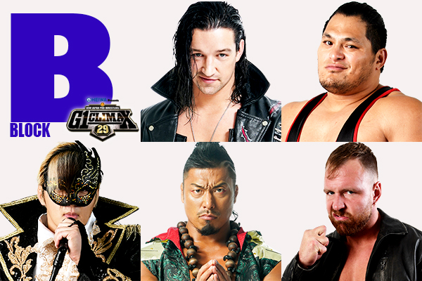 Segundos cinco participantes del Bloque B (de arriba a abajo): Jay White, Jeff Cobb, Taichi, Shingo Takagi y Jon Moxley