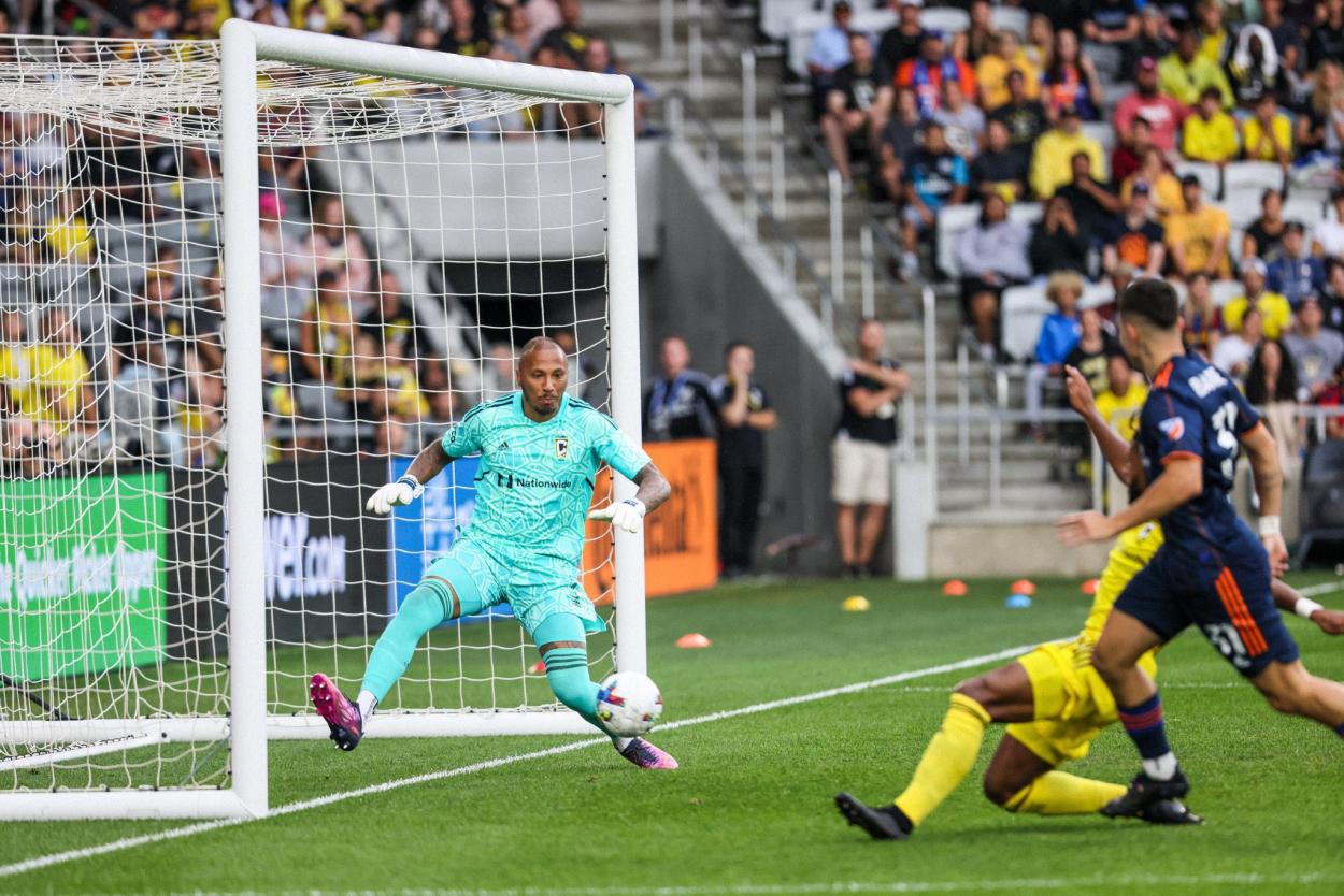 beautiful kick save to keep it 0-0.  Photo courtesy of the <strong><a href='https://www.vavel.com/en-us/soccer/2022/07/10/mls/1116543-chicago-fire-2-3-columbus-crew-deserved-deserved-deserved.html'>Columbus Crew</a></strong> and Major League Soccer
