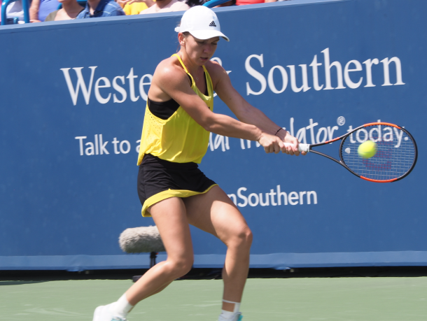 Halep goes for a backhand during her finals loss. Photo: Noel Alberto