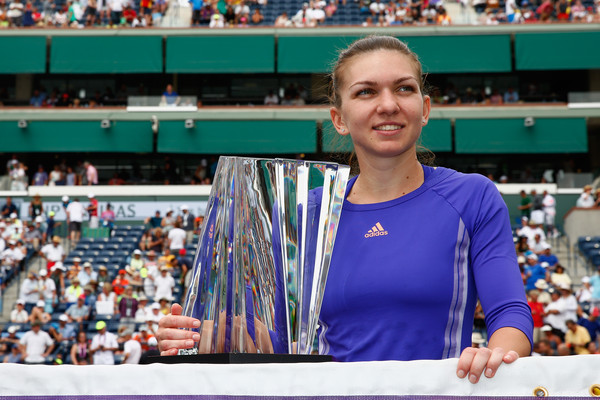 Simona Halep with her Indian Wells trophy in 2015, a title she must defend in March. Photo: Julian Finney/Getty Images