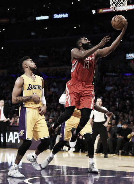 James Harden (#13) drives in for a layup, Oct. 25, 2016, Source: Harry How/Getty Images North America 