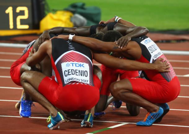 The Trinidadian quartet celebrate after taking gold (Getty/A;exander Hassenstein)