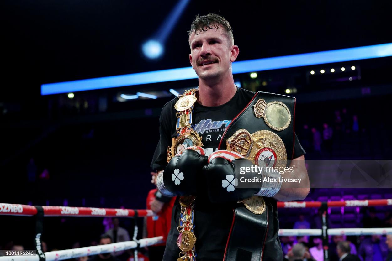 MANCHESTER, ENGLAND - NOVEMBER 18: Nathan Heaney poses for a photo following victory against <strong><a  data-cke-saved-href='https://www.vavel.com/en/more-sport/2021/02/10/1058907-liam-williams-to-finally-meet-andrade-as-bentley-v-cash-announced-for-british-and-commonwealth-titles.html' href='https://www.vavel.com/en/more-sport/2021/02/10/1058907-liam-williams-to-finally-meet-andrade-as-bentley-v-cash-announced-for-british-and-commonwealth-titles.html'>Denzel Bentley</a></strong> in the British and WBA Continental Middleweight Championship fight at AO Arena on November 18, 2023 in Manchester, England. (Photo by Alex Livesey/Getty Images)