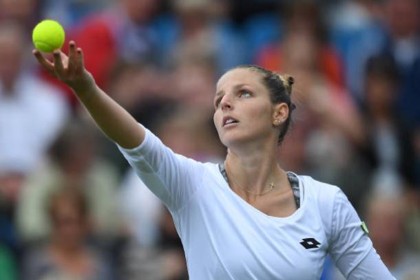 Kristyna Pliskova serves during her loss to Angelique Kerber at Eastbourne today (Getty/Mike Hewitt)