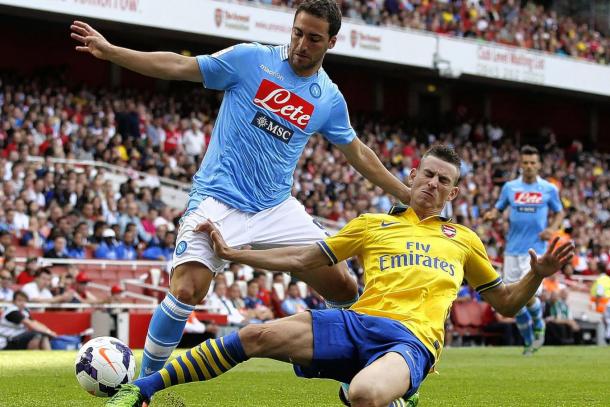 Higuain playing against Arsenal at the Emirates Cup. (Source: Standard)