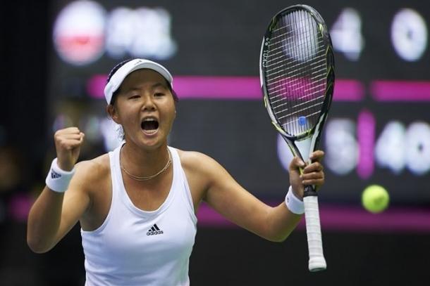 Ching-Wen Hsu celebrates her victory in the opening rubber. Photo: Adam Nurkiewicz/Fed Cup