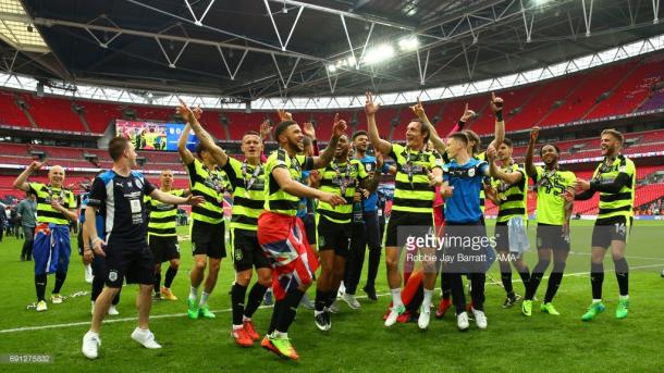 The Terriers celebrating their promotion at Wembley in May 