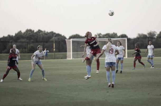 Midfielder Tori Huster representing the Spirit in a season match | Source: Chris Colvin - Washington Spirit