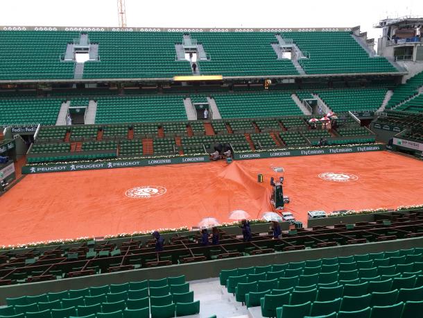 Court Philippe Chatrier was covered for most of days one and two due to the rainy conditions. Credit: Jake Best/VAVEL USA