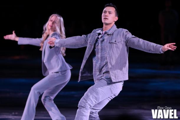 Patrick Chan skating during one of the group numbers at the Stars on Ice show in Toronto on May 3, 2019.