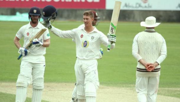 Keaton Jennings celebrates one of his milestones (image source: Alison Sutherland, Durham Cricket)