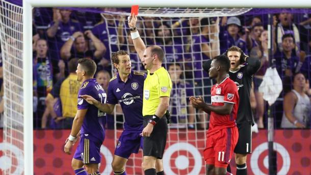 Orlando City players reacting to the Rafael Ramos red card by referee Ted Unkel. (Photo: Ricardo Ramirez Boxed - Orlando Sentinel) 