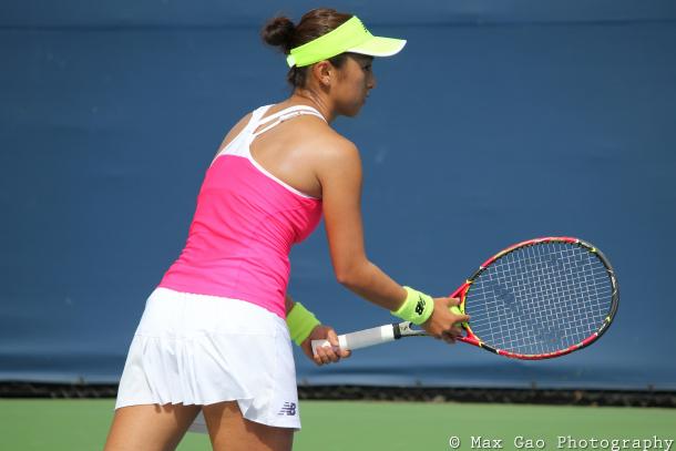 Misaki Doi prepares to hit a serve during her first-round win in qualifying over Eri Hozumi at the 2017 Rogers Cup presented by National Bank. | Photo: Max Gao