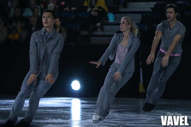 Patrick Chan skating alongside old friends Kaitlyn Weaver and Andrew Poje at the Stars on Ice show in Hamilton on May 4, 2019. The three friends also joined compatriots Tessa Virtue and Scott Moir, who chose not to be part of this year's cast, last fall for The Thank You Canada Tour.