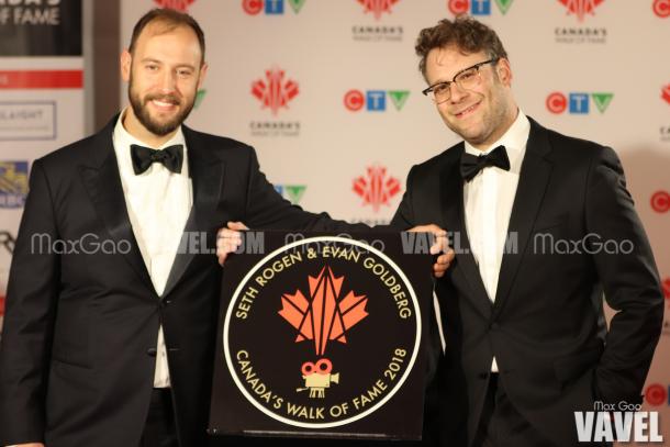 Evan Goldberg and Seth Rogen pose with their star on Canada’s Walk of Fame.