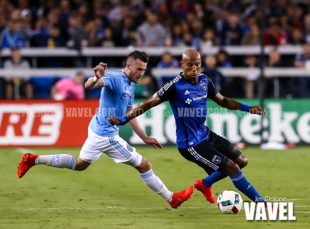 San Jose Earthquakes defender Jordan Stewart (3) looks to shield New York City FC midfielder Jack Harrison (11) from the ball during the first half of play.  / Jim Malone – VAVEL USA