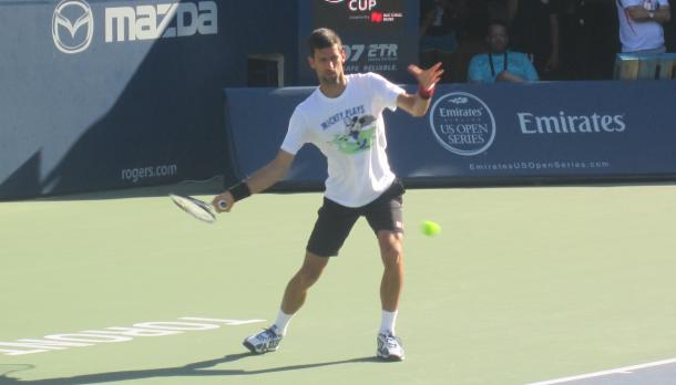 Novak Djokovic hits a forehand during a practice at the Aviva Centre in Toronto on Saturday. Photo: Pete Borkowski/VAVEL USA
