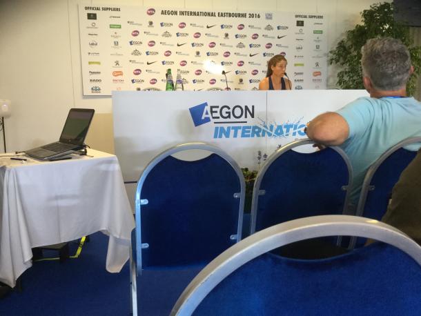 Konta speaking to the press after her victory / Michael Stokoe