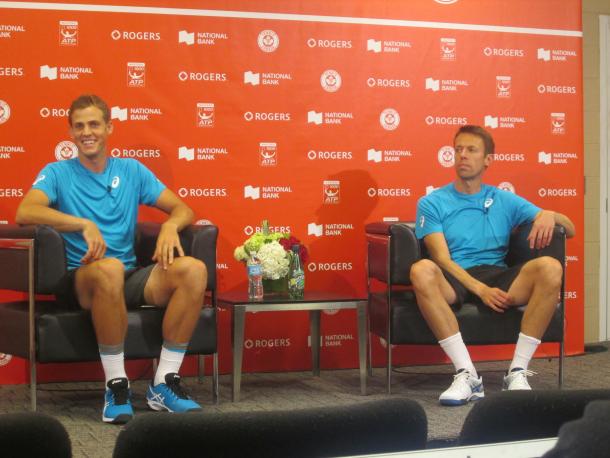 Pospisil (left) and Nestor during their post-quarterfinal press conference. Photo: Pete Borkowski/VAVEL USA