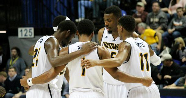 Photo by Jenna Kalmon: The Mocs huddle up during their game against ETSU.
