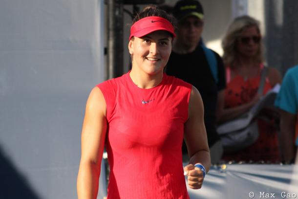 Bianca Andreescu celebrates after she and Carson Branstine win a point during their first-round match at the 2017 Rogers Cup presented by National Bank. | Photo: Max Gao