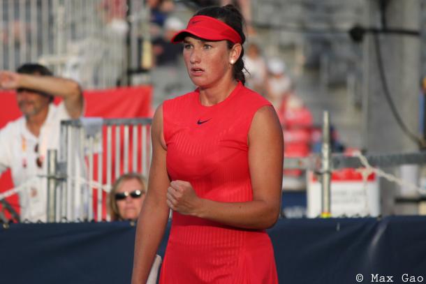 Carson Branstine celebrates after recovering the mini-break while she and Bianca Andreescu trailed 6-8 in the match tiebreak, which later proved crucial for the Canadians in their first-round victory at the 2017 Rogers Cup presented by National Bank. | Photo: Max Gao