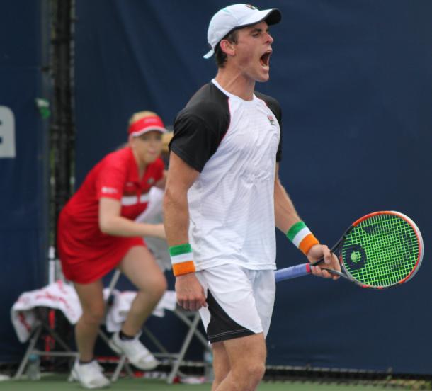 James McGee celebrates after winning a point during his final round qualifying match against Tim Smyczek at the 2016 Rogers Cup. | Photo: Max Gao