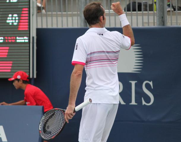 Radek Stepanek celebrates after winning a point during his final round qualifying match against Saketh Mydeni at the 2016 Rogers Cup. | Photo: Max Gao