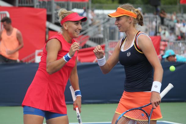 All smiles: Elena Vesnina and Ekaterina Makarova celebrate after winning the first set against Bianca Andreescu and Carson Branstine in the second round of the 2017 Rogers Cup presented by National Bank. | Photo: Max Gao